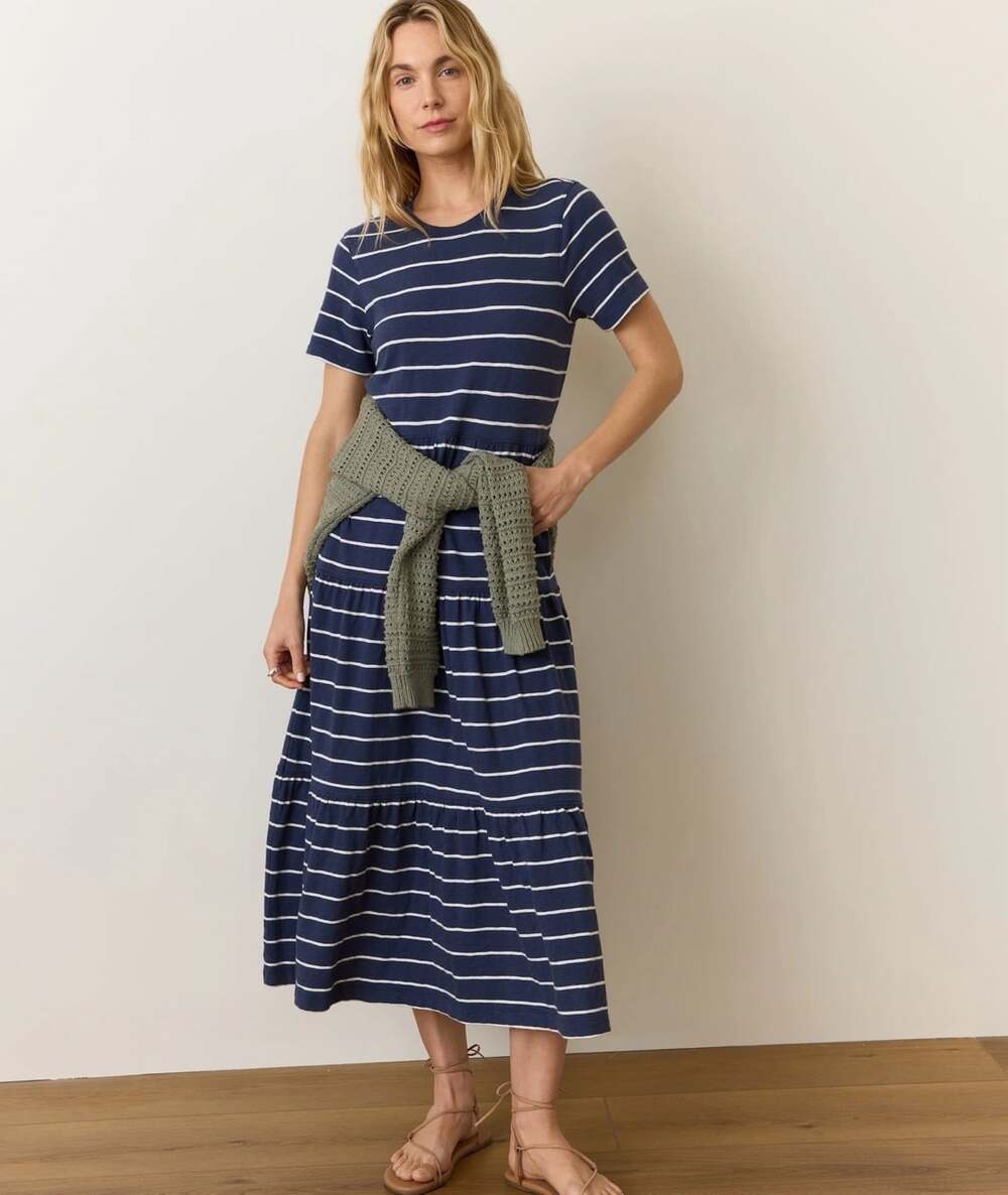 Marine Layer Sadie 100% Cotton Slub Midi Dress Size M Blue Coastal Stripe Beach